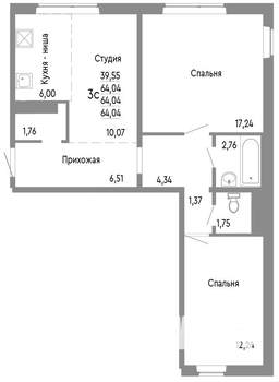 3-к квартира, строящийся дом, 64м2, 2/10 этаж