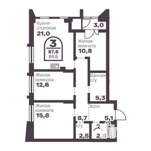 3-к квартира, вторичка, 85м2, 2/24 этаж
