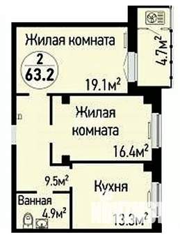 2-к квартира, вторичка, 63м2, 19/19 этаж