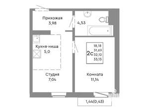 2-к квартира, строящийся дом, 32м2, 3/10 этаж