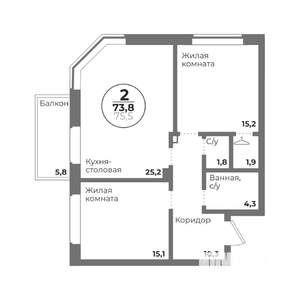 2-к квартира, строящийся дом, 74м2, 1/22 этаж