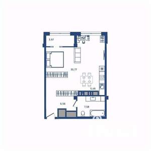 1-к квартира, вторичка, 56м2, 22/23 этаж