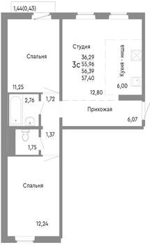 3-к квартира, строящийся дом, 56м2, 6/10 этаж