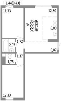 3-к квартира, строящийся дом, 57м2, 3/10 этаж