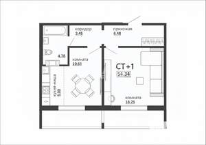1-к квартира, вторичка, 54м2, 2/10 этаж