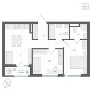 2-к квартира, вторичка, 51м2, 6/10 этаж