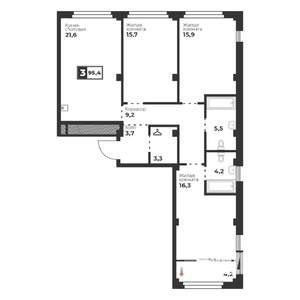 3-к квартира, строящийся дом, 95м2, 17/18 этаж