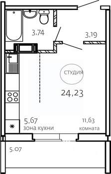 Студия квартира, строящийся дом, 24м2, 2/10 этаж