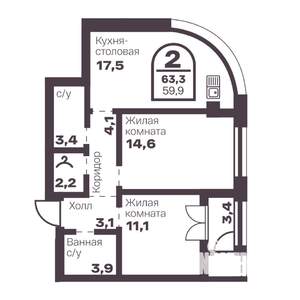 2-к квартира, вторичка, 60м2, 1/24 этаж