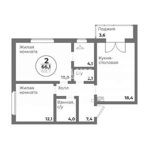 2-к квартира, вторичка, 66м2, 7/15 этаж
