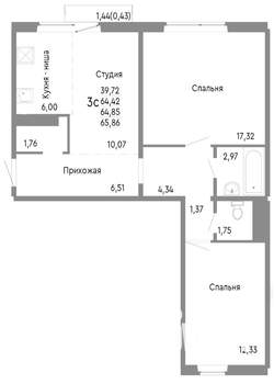 3-к квартира, строящийся дом, 65м2, 8/10 этаж