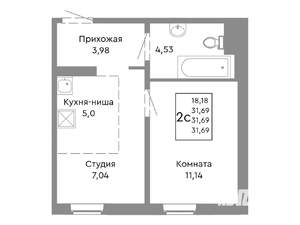 2-к квартира, строящийся дом, 32м2, 2/10 этаж