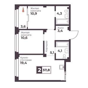2-к квартира, строящийся дом, 58м2, 2/18 этаж