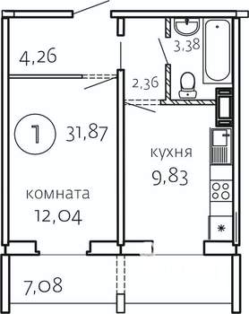 1-к квартира, строящийся дом, 32м2, 2/10 этаж