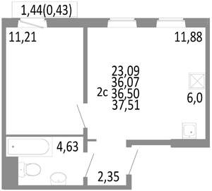 2-к квартира, строящийся дом, 37м2, 8/10 этаж