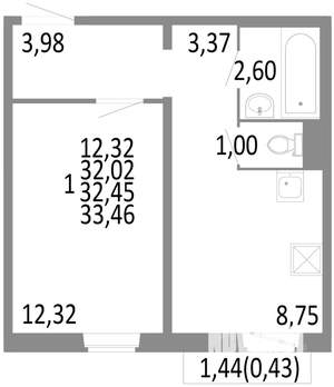 1-к квартира, строящийся дом, 32м2, 9/10 этаж