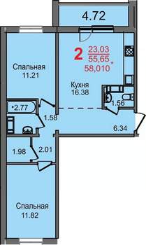 2-к квартира, строящийся дом, 56м2, 8/10 этаж