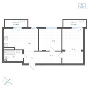 2-к квартира, вторичка, 67м2, 4/8 этаж