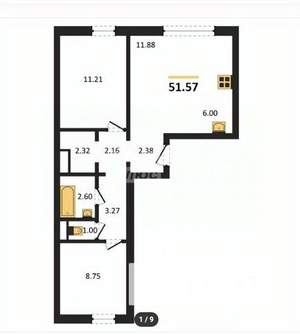 2-к квартира, вторичка, 51м2, 1/10 этаж