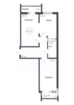 2-к квартира, вторичка, 63м2, 13/16 этаж