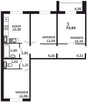 3-к квартира, вторичка, 73м2, 10/18 этаж