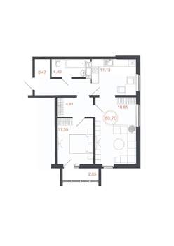 2-к квартира, вторичка, 61м2, 13/16 этаж