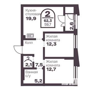2-к квартира, вторичка, 60м2, 2/24 этаж