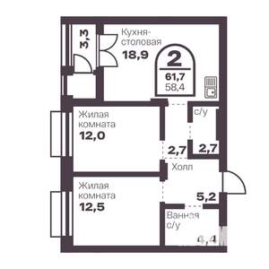 2-к квартира, вторичка, 58м2, 7/24 этаж