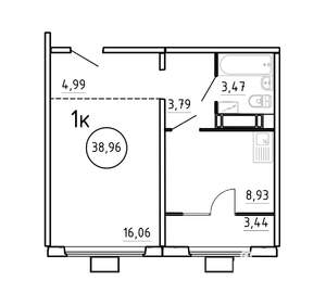 1-к квартира, строящийся дом, 39м2, 5/16 этаж