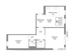 3-к квартира, строящийся дом, 62м2, 9/10 этаж
