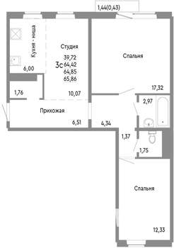 3-к квартира, строящийся дом, 65м2, 5/10 этаж