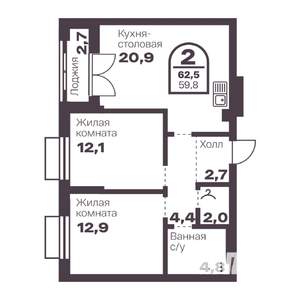 2-к квартира, вторичка, 60м2, 2/24 этаж