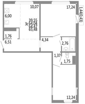 3-к квартира, строящийся дом, 64м2, 7/10 этаж