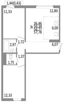 3-к квартира, строящийся дом, 57м2, 5/10 этаж