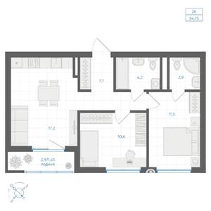 2-к квартира, вторичка, 55м2, 6/10 этаж