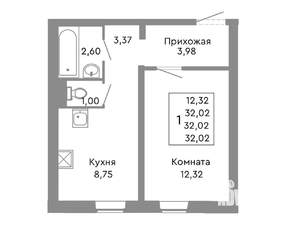 1-к квартира, строящийся дом, 32м2, 2/10 этаж
