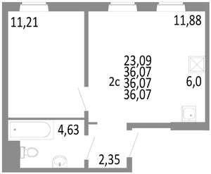 2-к квартира, строящийся дом, 36м2, 2/10 этаж