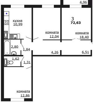 3-к квартира, вторичка, 73м2, 10/18 этаж