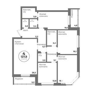4-к квартира, строящийся дом, 128м2, 15/22 этаж