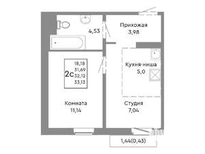 2-к квартира, строящийся дом, 32м2, 7/10 этаж