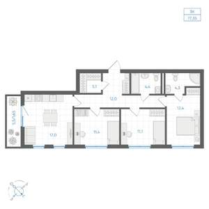 3-к квартира, вторичка, 77м2, 3/11 этаж