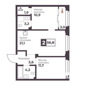 2-к квартира, строящийся дом, 57м2, 16/18 этаж