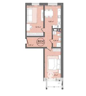 2-к квартира, вторичка, 64м2, 13/13 этаж