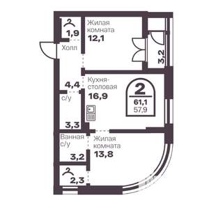 2-к квартира, вторичка, 58м2, 1/24 этаж