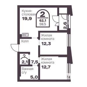 2-к квартира, вторичка, 60м2, 15/24 этаж