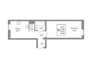 1-к квартира, строящийся дом, 34м2, 2/10 этаж
