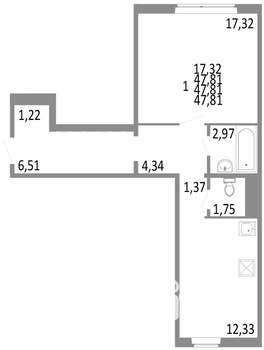 1-к квартира, строящийся дом, 48м2, 1/10 этаж