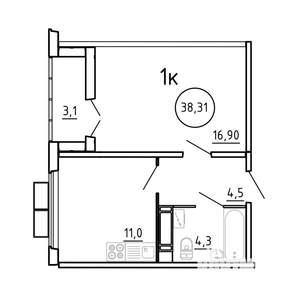 1-к квартира, строящийся дом, 38м2, 2/16 этаж