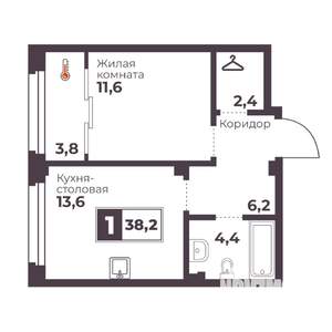 1-к квартира, строящийся дом, 38м2, 2/18 этаж