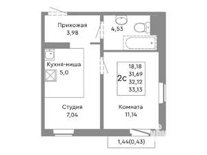 2-к квартира, строящийся дом, 32м2, 7/10 этаж